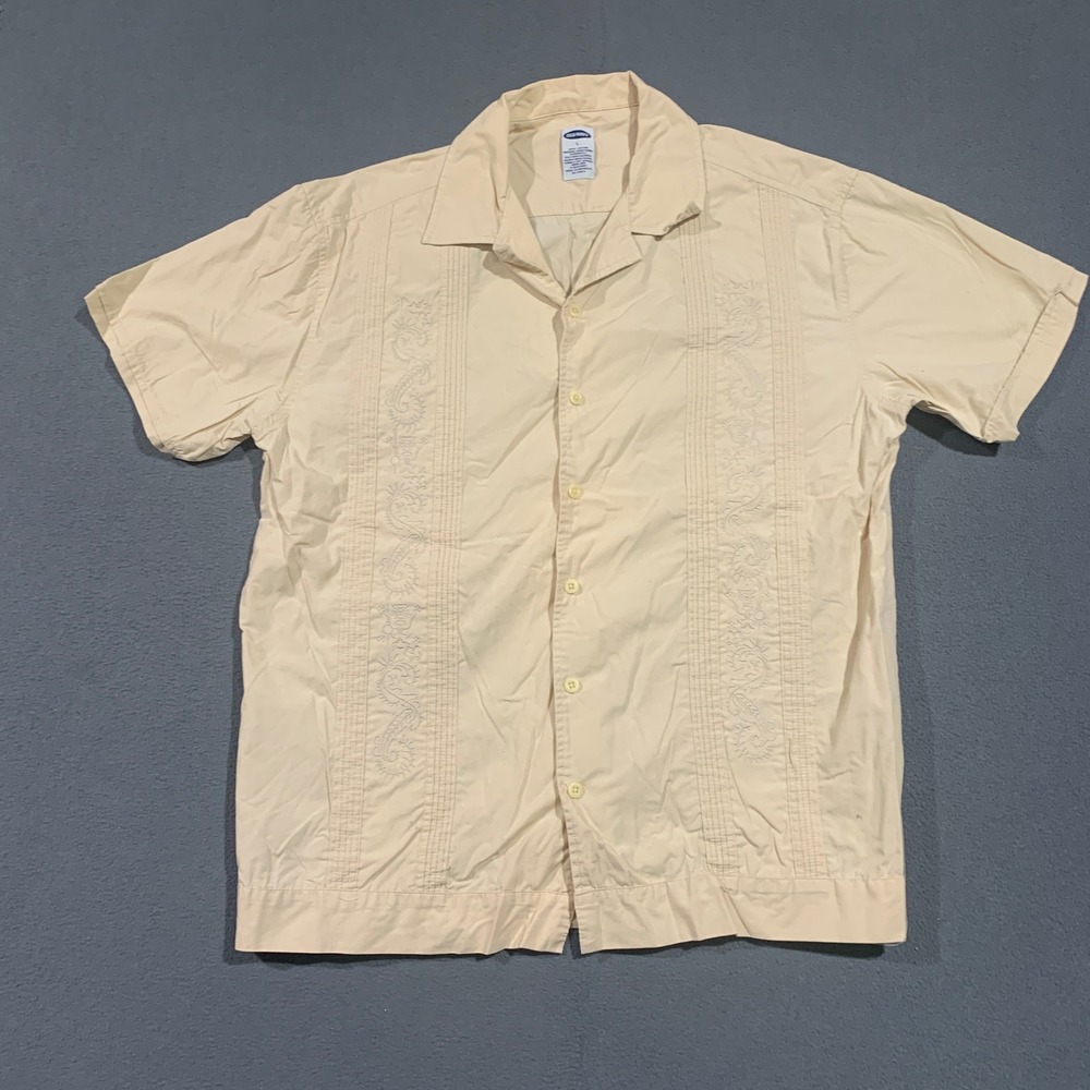 Old Navy Mens Cream Cotton Guayabera Shirt Short Sleeve Embroidered Tiki Large
